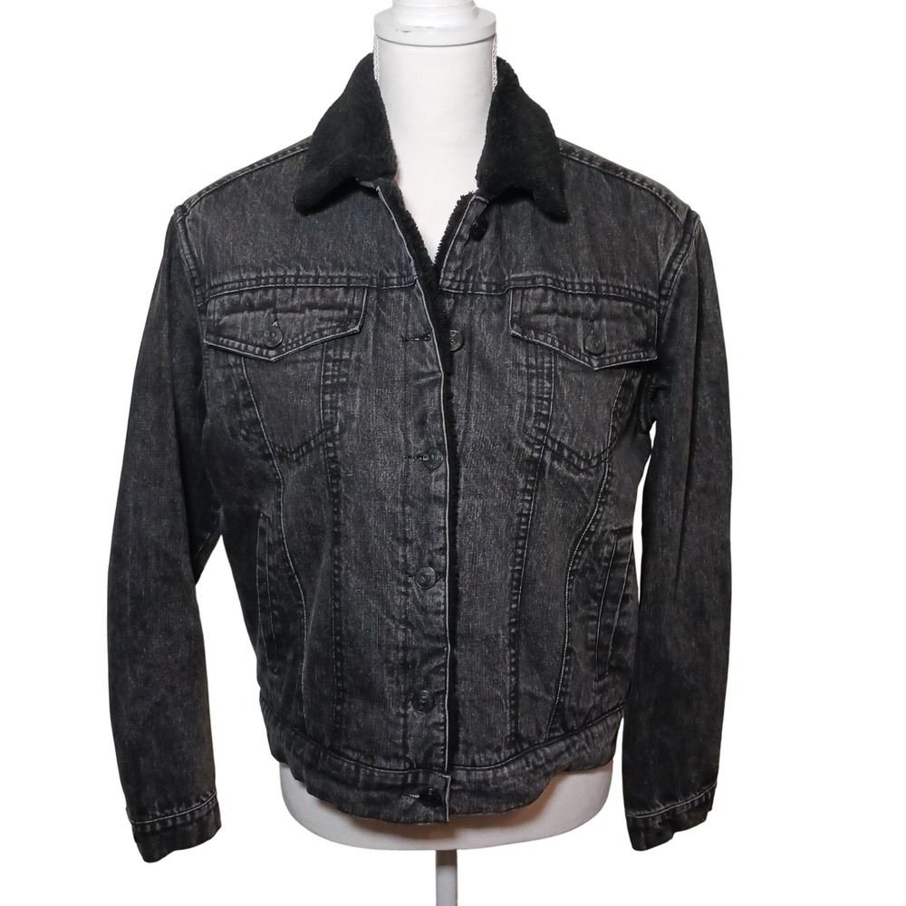 VIGOSS Black Wash Denim Sherpa Lined‎ Trucker Jacket XS Jean Jacket Button Up